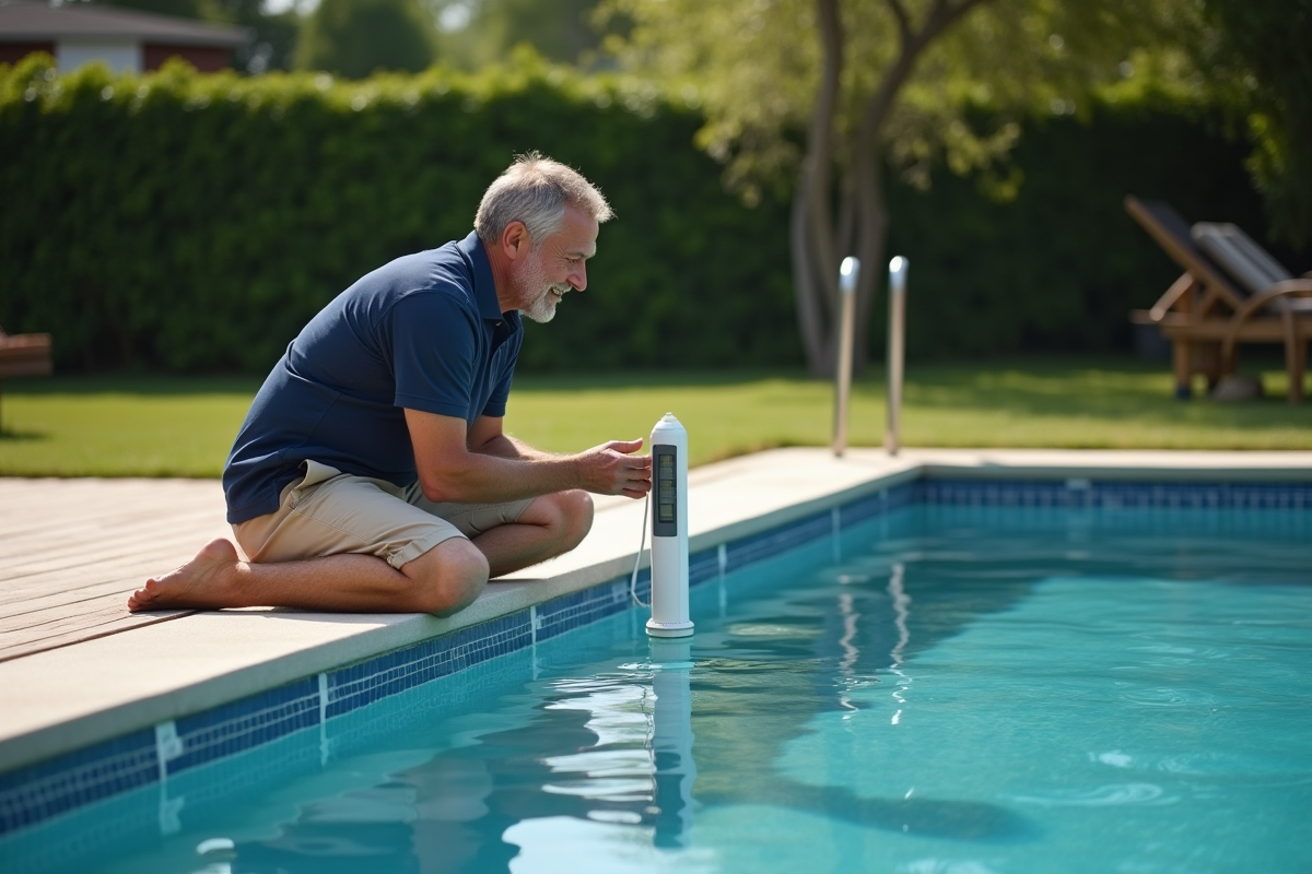 Homme d'âge moyen vérifiant la température de la piscine