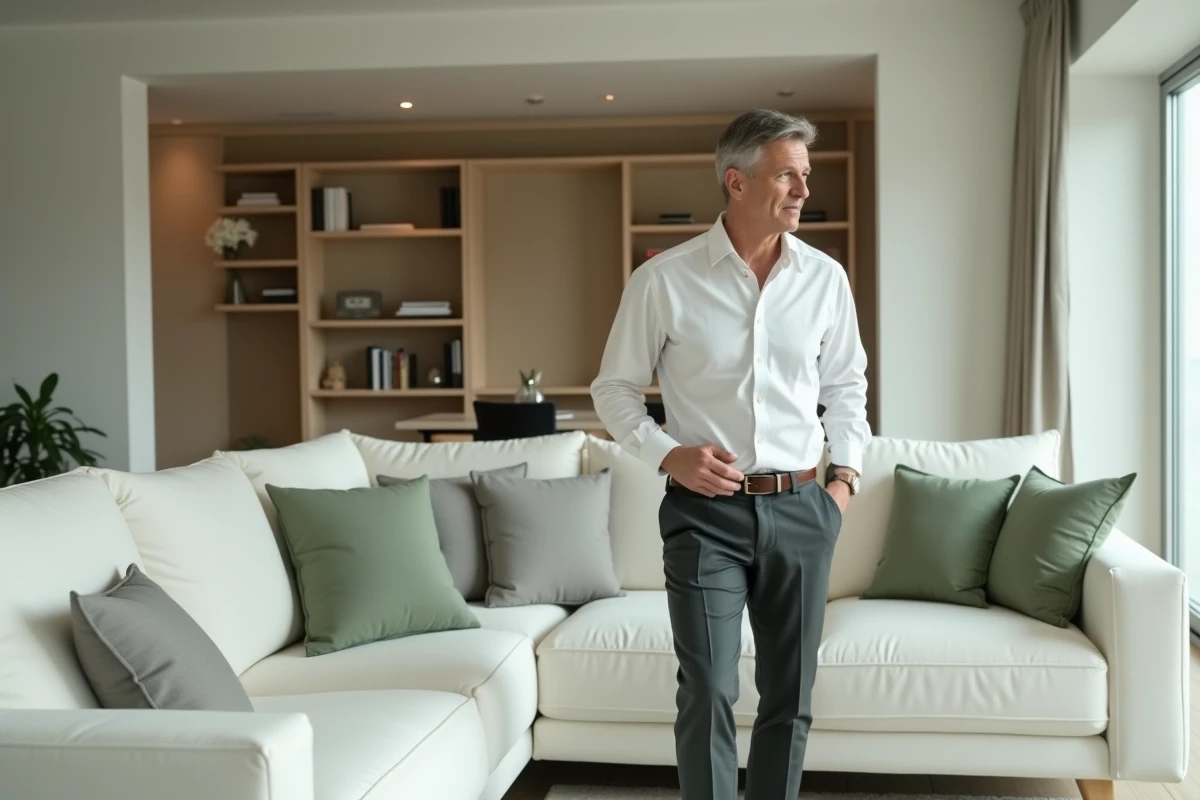 Homme ajustant un coussin sur un canapé moderne