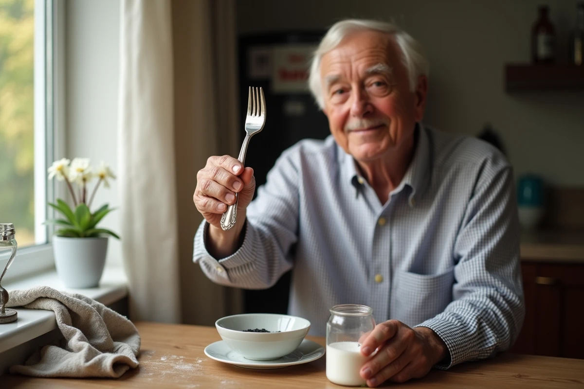 Homme souriant tenant une fourchette en argent polie