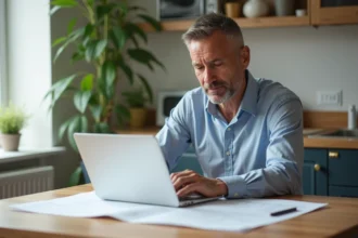 Homme d'âge moyen examinant plans de rénovation dans une maison