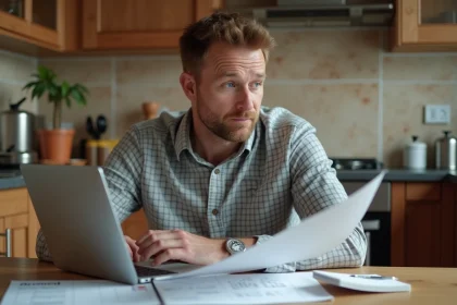 Homme d'âge moyen consulte des devis de rénovation dans sa cuisine