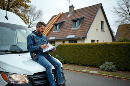 Homme d'âge moyen vérifiant des papiers près d'une maison en rénovation