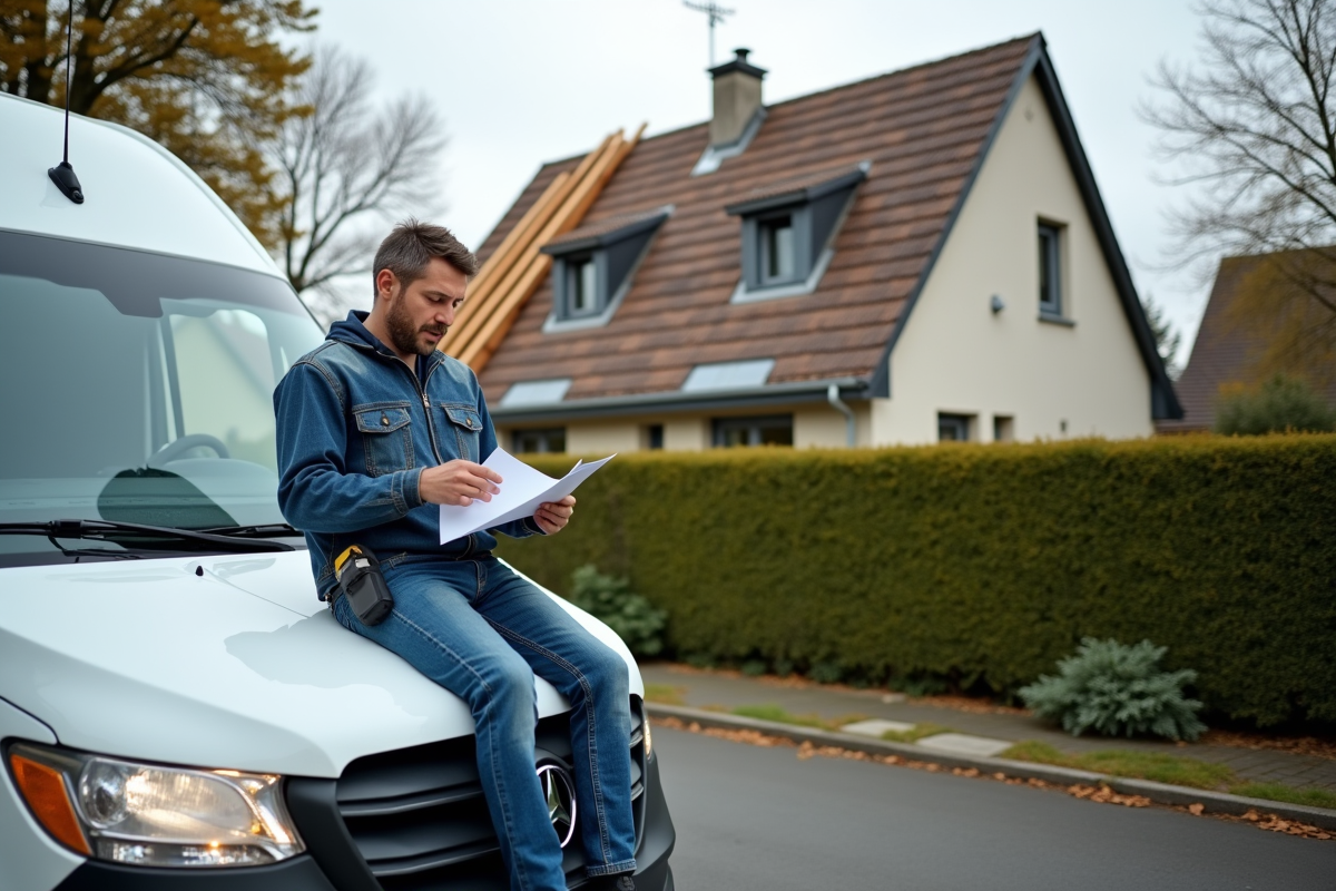 Homme d'âge moyen vérifiant des papiers près d'une maison en rénovation