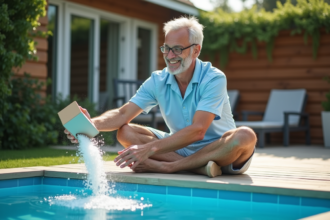 Homme versant bicarbonate dans la piscine en été