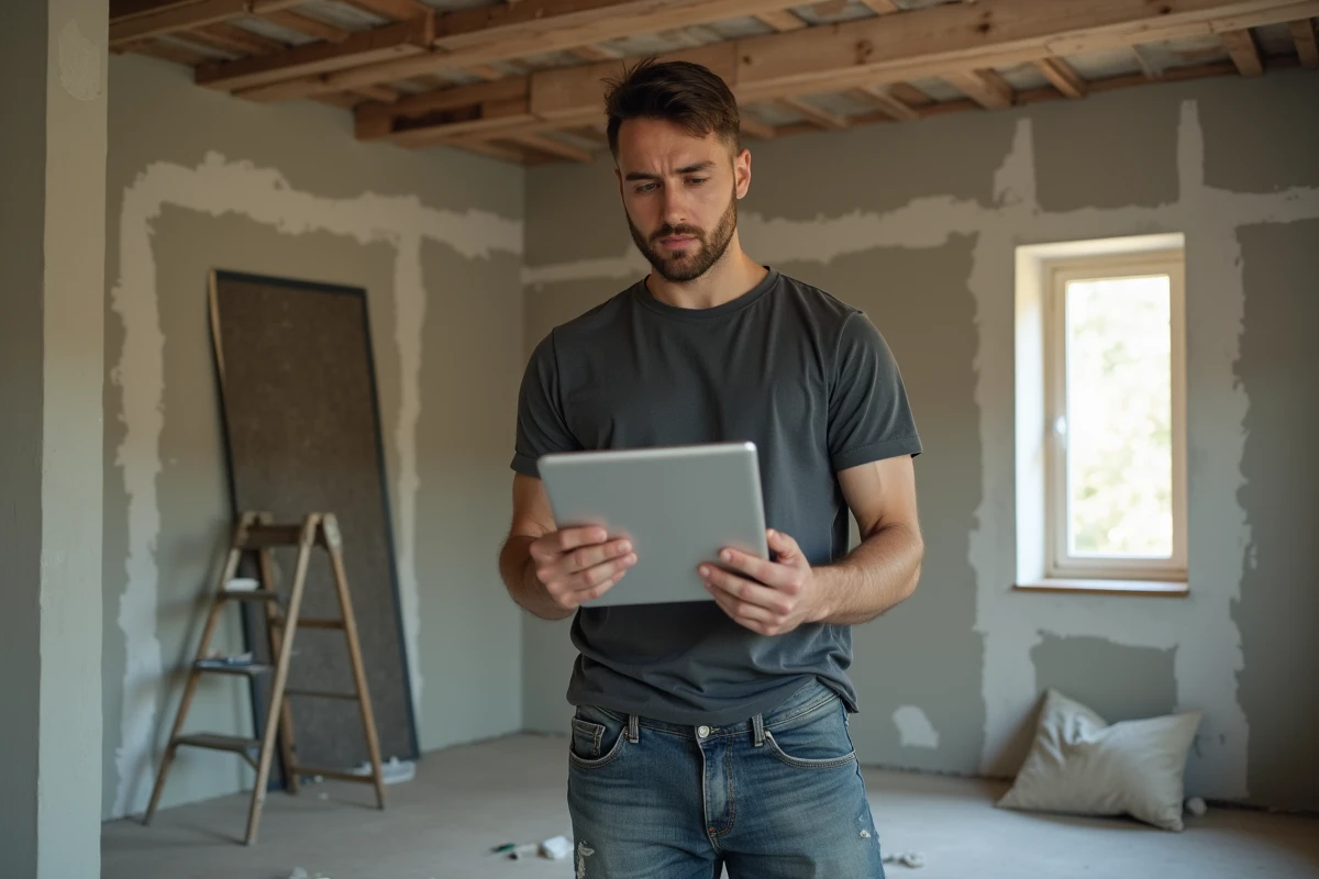 Homme consultant un guide maison sur tablette dans un salon en cours de rénovation