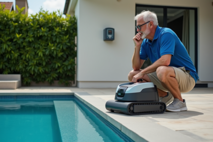Homme examinant un compteur électrique près d'une piscine