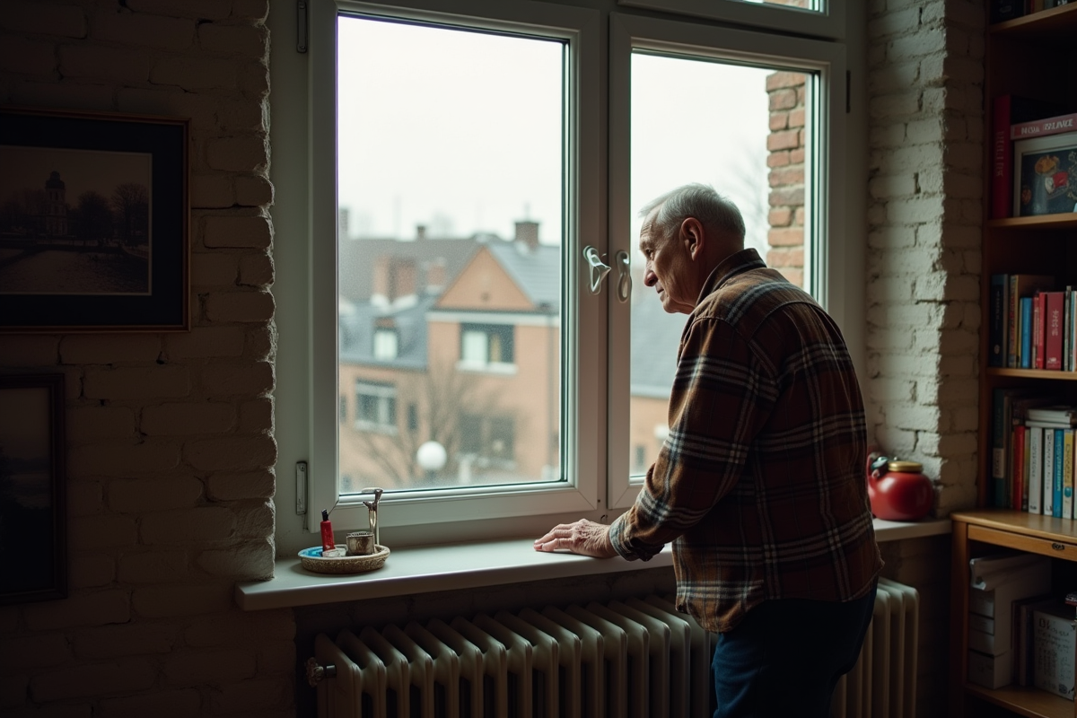 Homme âgé examinant une vitre double vitrage dans un appartement