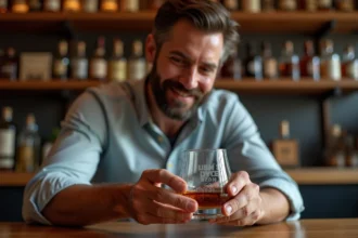 Homme avec verre de whisky gravé dans un bar cosy
