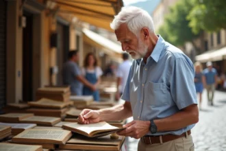Homme âgé inspectant des livres anciens à la brocante de Montpellier