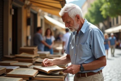 Homme âgé inspectant des livres anciens à la brocante de Montpellier