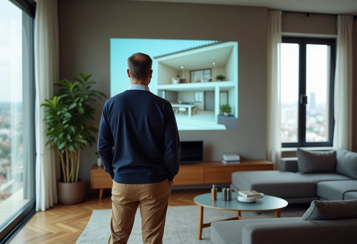 Homme en pull examine un plan 3D de maison sur écran dans son salon