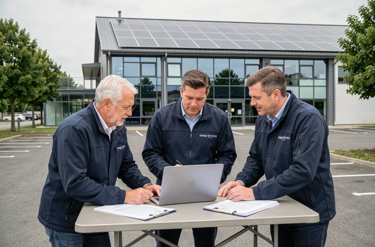 Équipe Idex analysant un projet d'installation solaire devant un bâtiment commercial équipé de panneaux photovoltaïques en Essonne