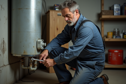 Homme en tenue de travail inspectant un chauffe-eau dans une cave