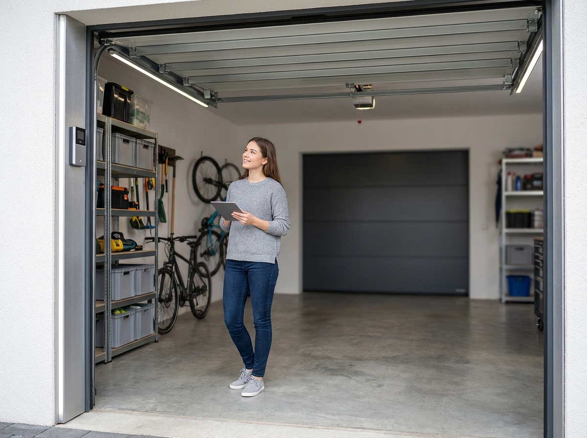 Jeune femme vérifie une porte de garage connectée