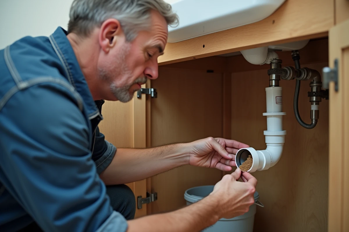 Homme inspectant le siphon sous l'évier de salle de bain d'une location avec du bicarbonate de soude