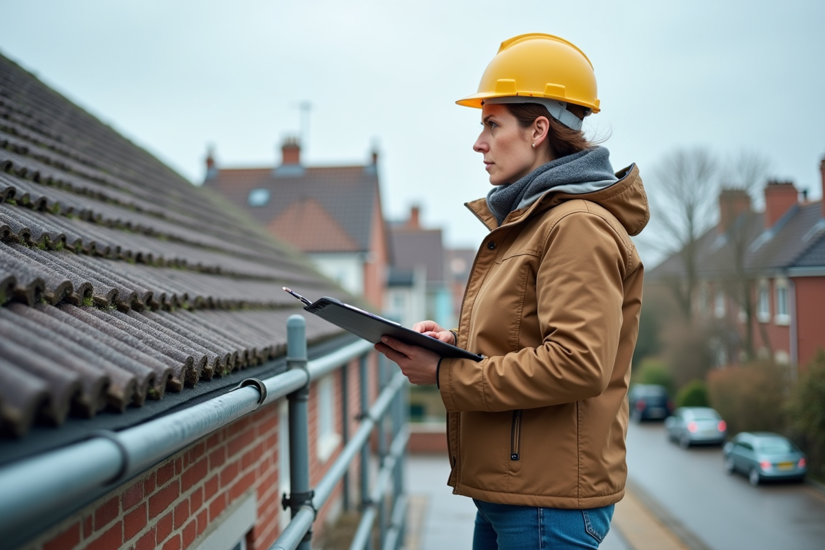 Inspectrice du batiment vérifiant le toit isolé