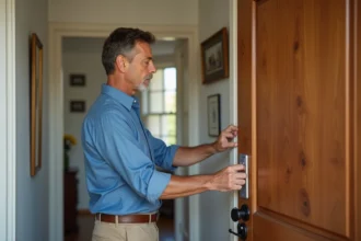 Homme installant un clavier de securite moderne devant sa porte