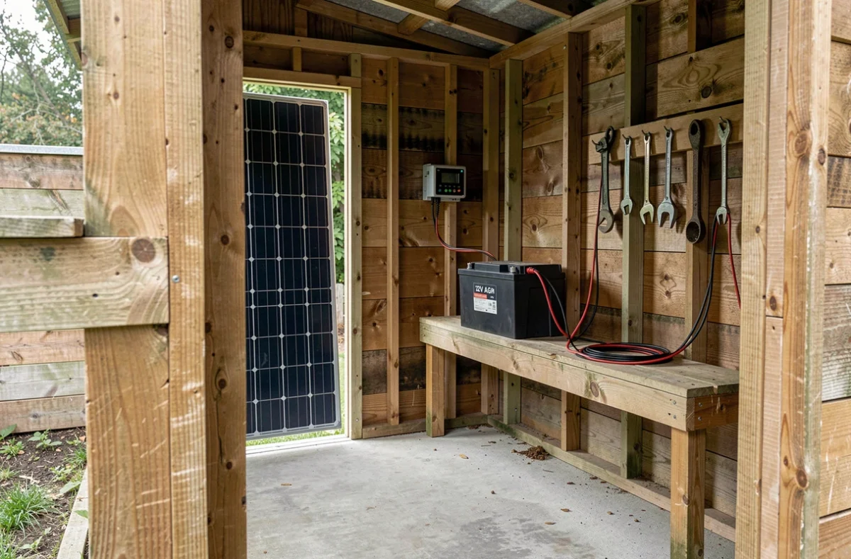 Installation batterie AGM et panneau solaire 250W dans un abri de jardin en bois