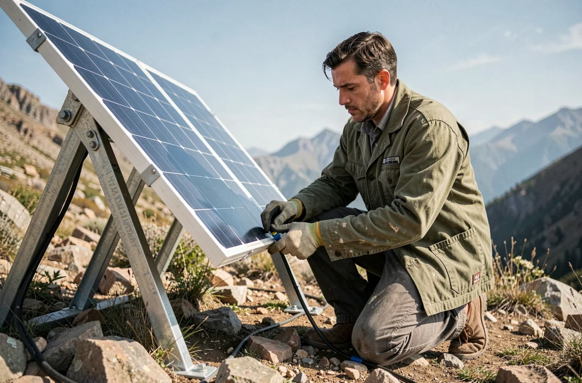 Technicien installant un kit solaire autonome sur un site isolé en montagne