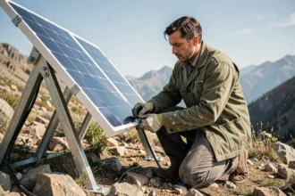 Technicien installant un kit solaire autonome sur un site isolé en montagne