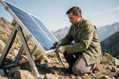 Technicien installant un kit solaire autonome sur un site isolé en montagne