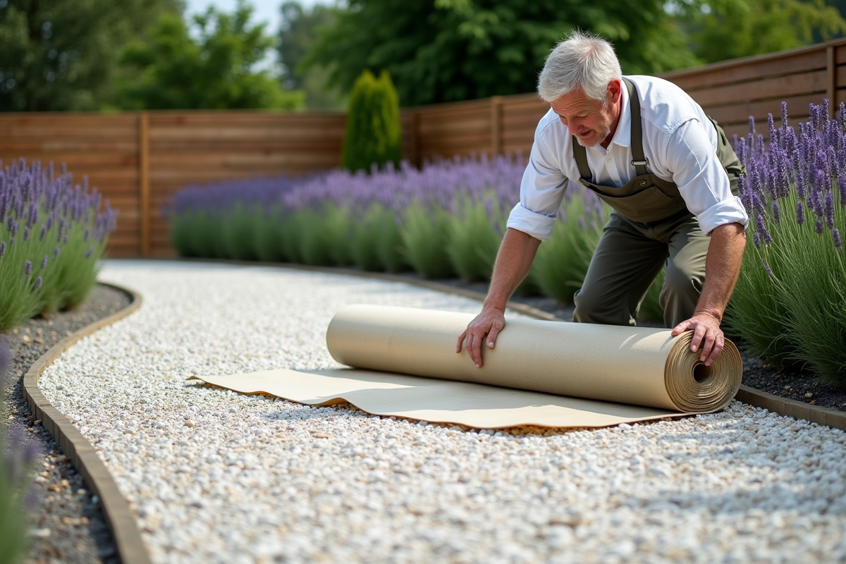 Homme mature posant une toile anti-mauvaises herbes sur gravier blanc