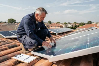 Technicien installant un panneau solaire 380W sur un toit résidentiel en tuiles, avec des panneaux déjà posés en arrière-plan