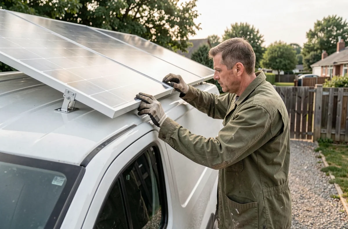 Homme installant un panneau solaire rigide sur le toit d'un fourgon aménagé blanc dans une allée en gravier