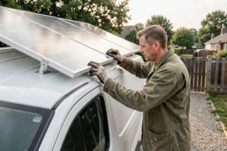 Homme installant un panneau solaire rigide sur le toit d'un fourgon aménagé blanc dans une allée en gravier