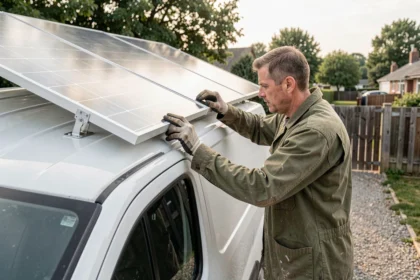 Homme installant un panneau solaire rigide sur le toit d'un fourgon aménagé blanc dans une allée en gravier