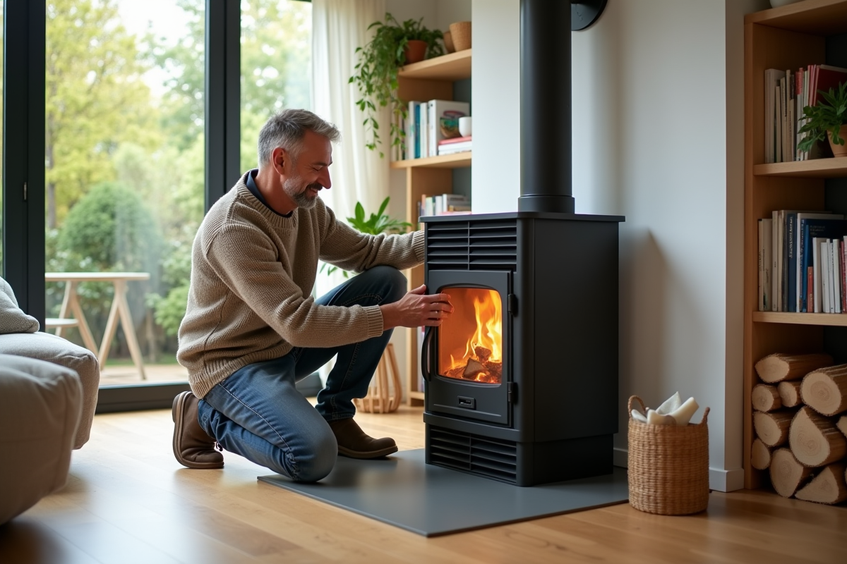 Homme moyenâgeux installant un poêle écologique dans un salon moderne