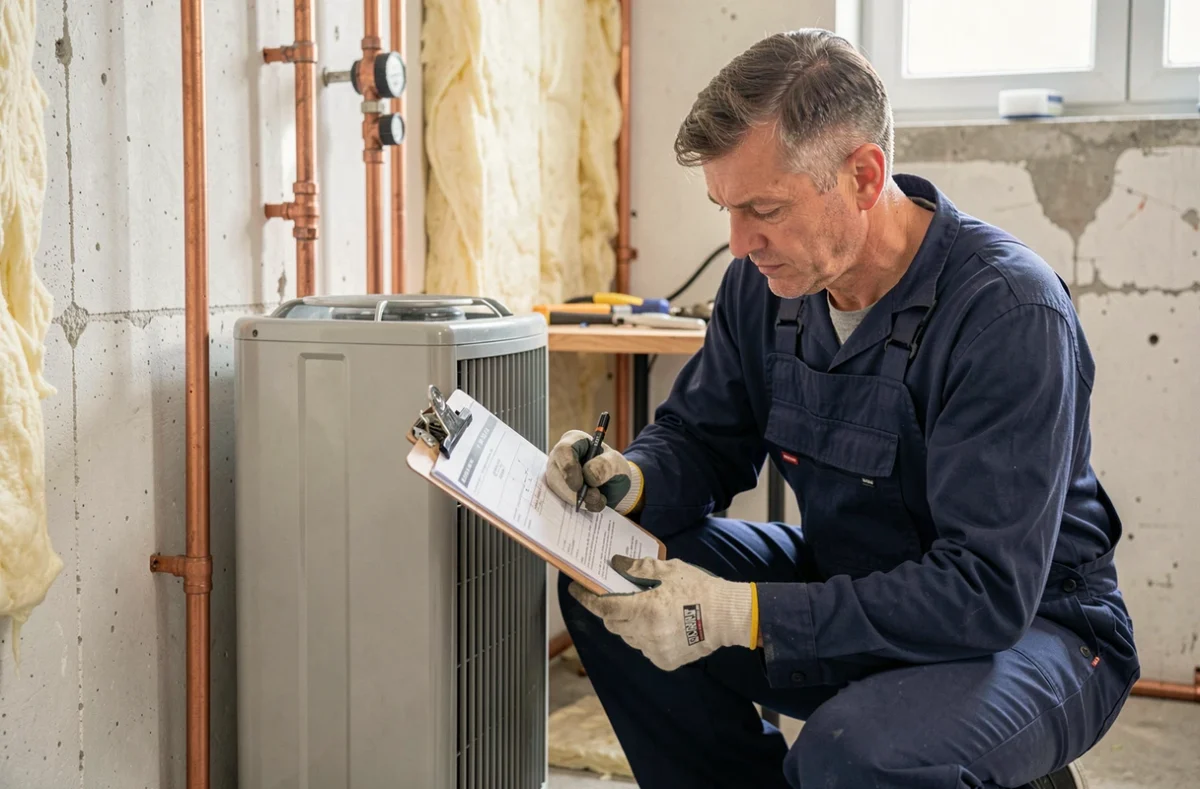 Technicien installant une pompe à chaleur dans une maison individuelle de 100 m2