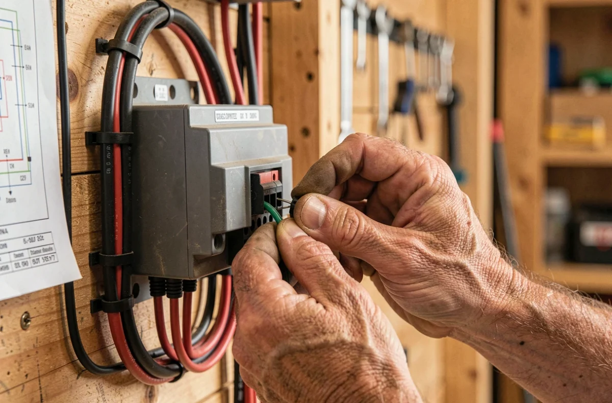 Gros plan des mains serrant un bornier de mise à la terre sur un régulateur de charge solaire dans un atelier