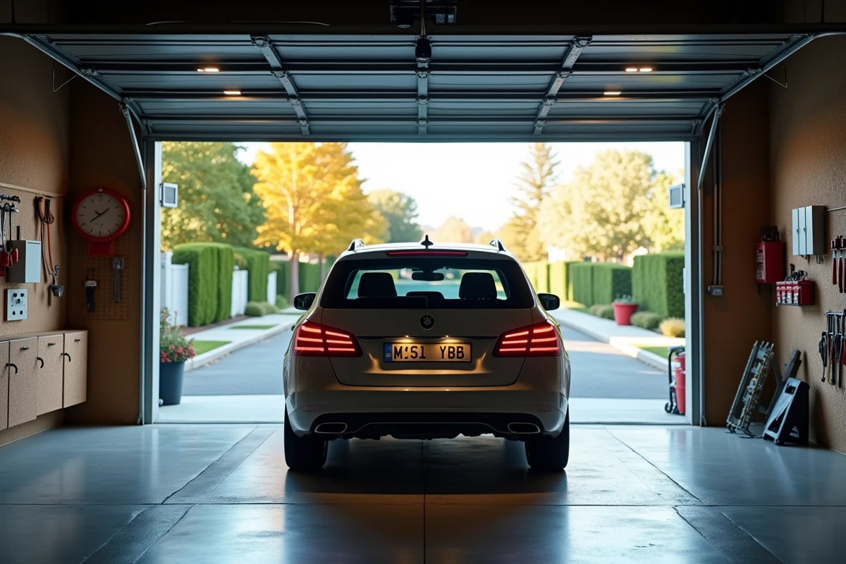 Vue intérieure d'un garage résidentiel avec break familial garé sous une porte de garage ouverte montrant les marges de passage