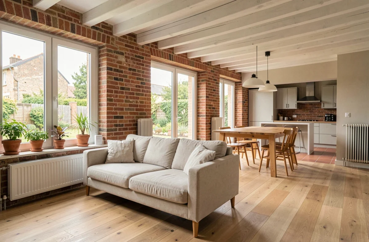 Intérieur moderne d'une maison picarde neuve avec mur en briques apparentes, parquet chêne clair et grande fenêtre donnant sur un jardin de campagne