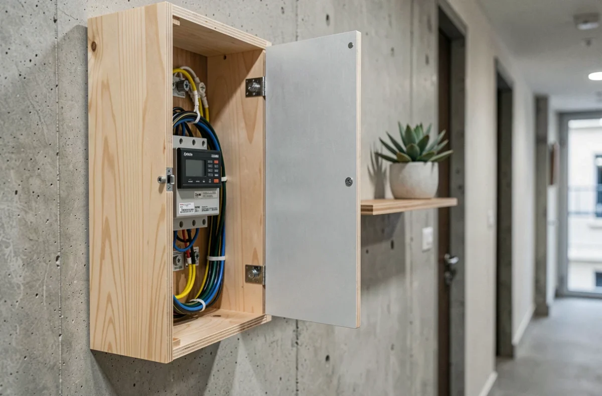 Intérieur d'un meuble cache compteur électrique style scandinave entrouvert dans un couloir d'appartement parisien avec étagère et plante