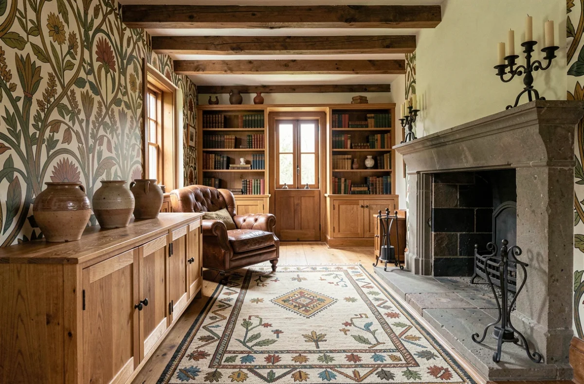Intérieur authentique de style Arts and Crafts avec papier peint botanique William Morris, céramiques artisanales, tapis en laine et cheminée en pierre avec ferronnerie forgée