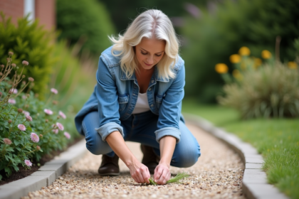 Femme d'âge moyen en extérieur arrachant des mauvaises herbes dans un jardin
