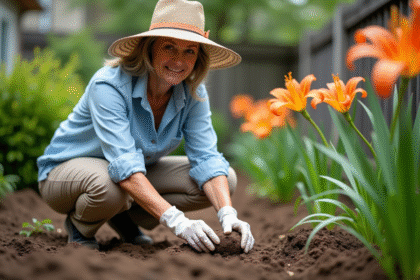 Femme plantant des lys tigres dans son jardin en été