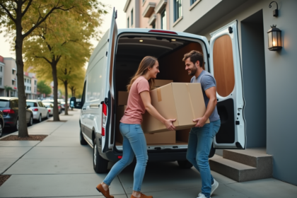 Jeune couple déchargeant des cartons dans un camion de déménagement en ville