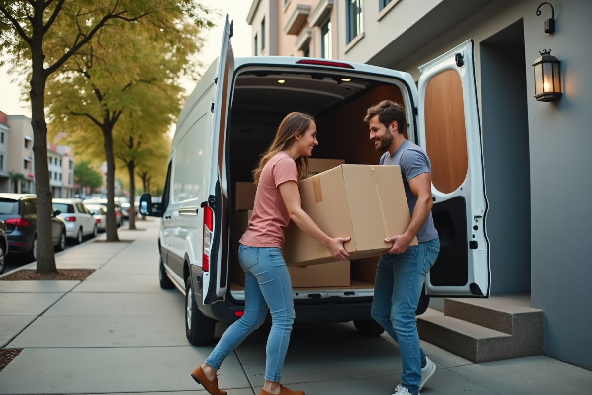 Jeune couple déchargeant des cartons dans un camion de déménagement en ville