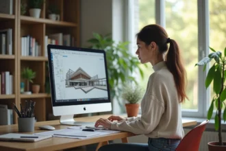 Jeune femme étudiant un modèle 3D d'architecture dans un bureau lumineux