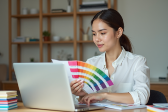 Jeune femme en blanc consulte des nuanciers Pantone dans un bureau lumineux