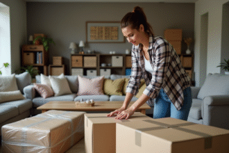 Jeune femme emballant une grande boîte en carton dans son salon