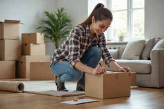 Jeune femme étiquetant une boîte de déménagement dans un salon organisé