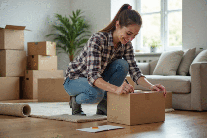 Jeune femme étiquetant une boîte de déménagement dans un salon organisé