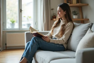 Jeune femme détendue lisant dans un salon lumineux