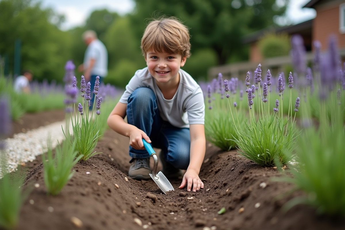 Adolescent plantant des lavandes dans un jardin communautaire