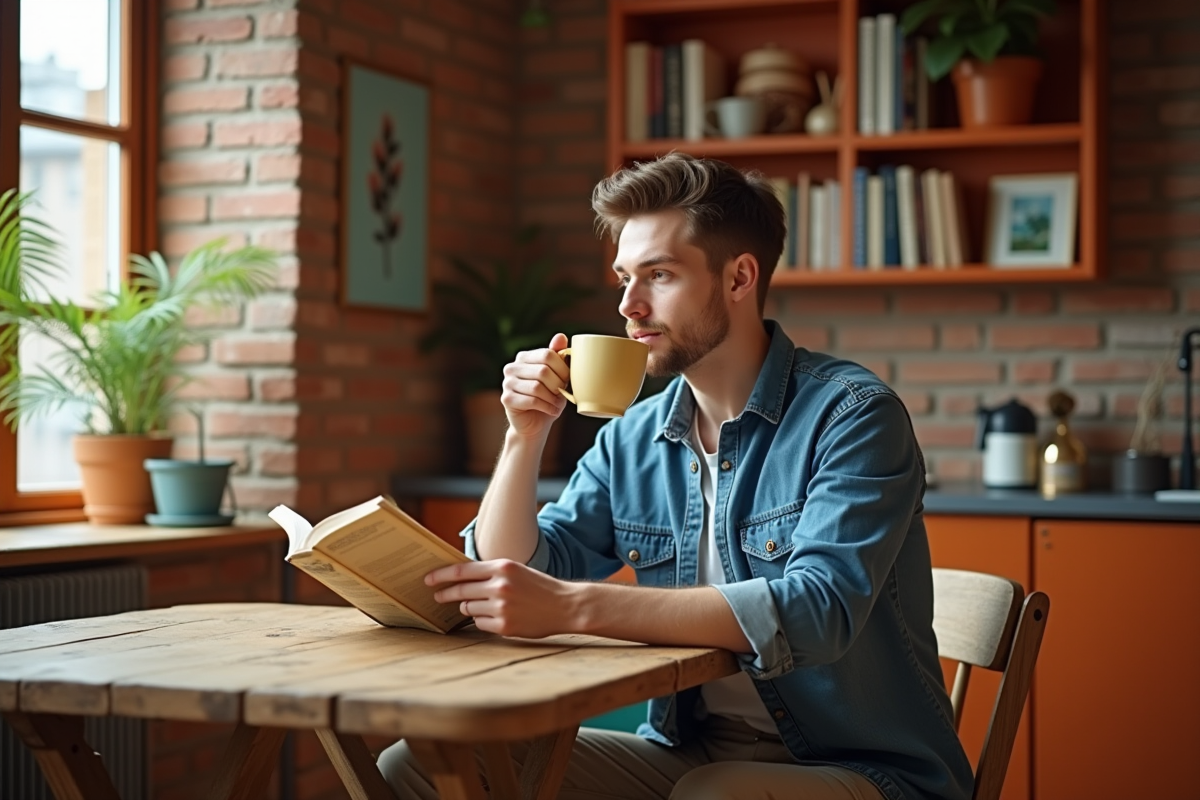Jeune homme lisant un livre en buvant du café dans un intérieur lumineux
