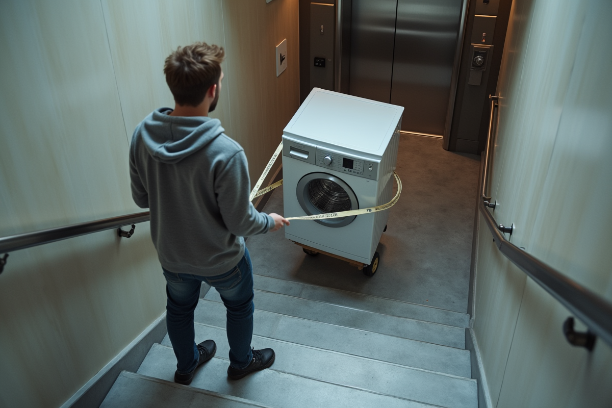 Jeune homme utilisant une sangle pour déplacer une laveuse dans un escalier moderne